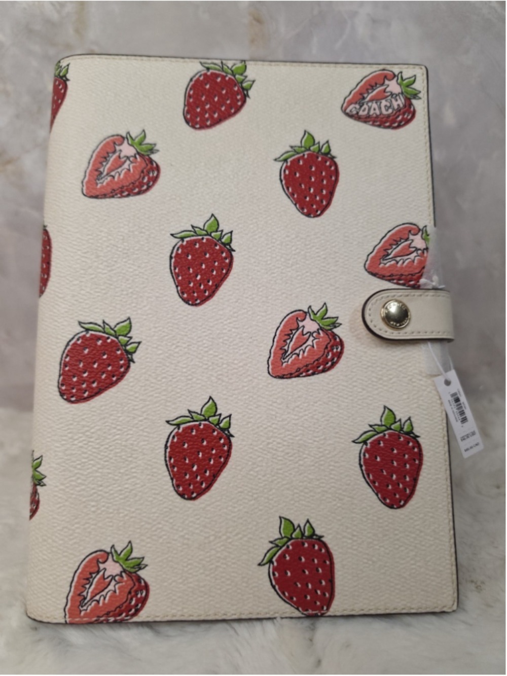 NWT Coach Notebook With Strawberry Print In Canvas/Leather Chalk Multi CAO4